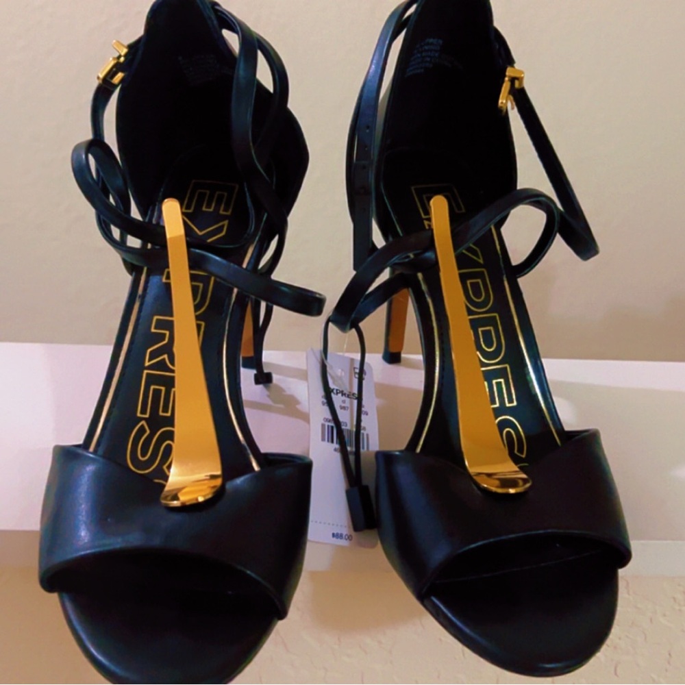 Brian Atwood x Express Gold Bar Wrap Around Heeled Sandals
